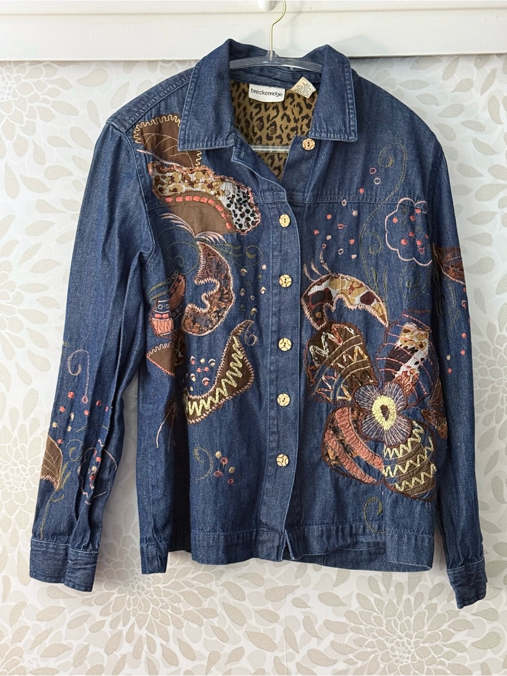 Vintage Breckenridge Women’s L Blue Denim Boho Embroidered Button Up Top Blouse